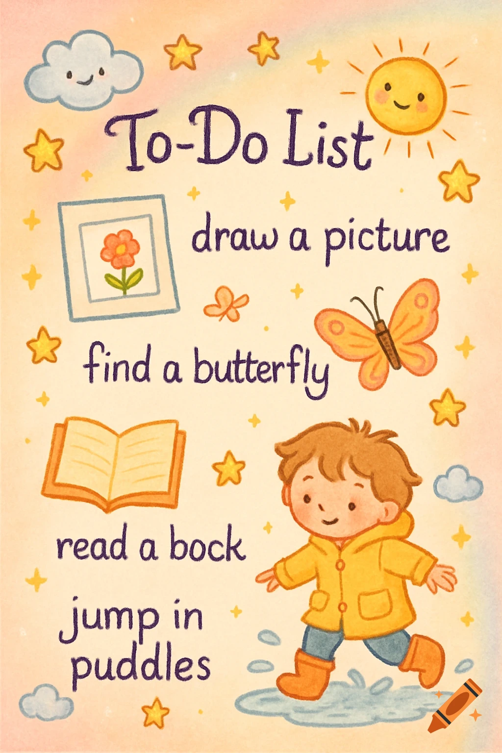 A colorful, cartoon-style children's to-do list with tasks like drawing, finding a butterfly, reading a book, and jumping in puddles.