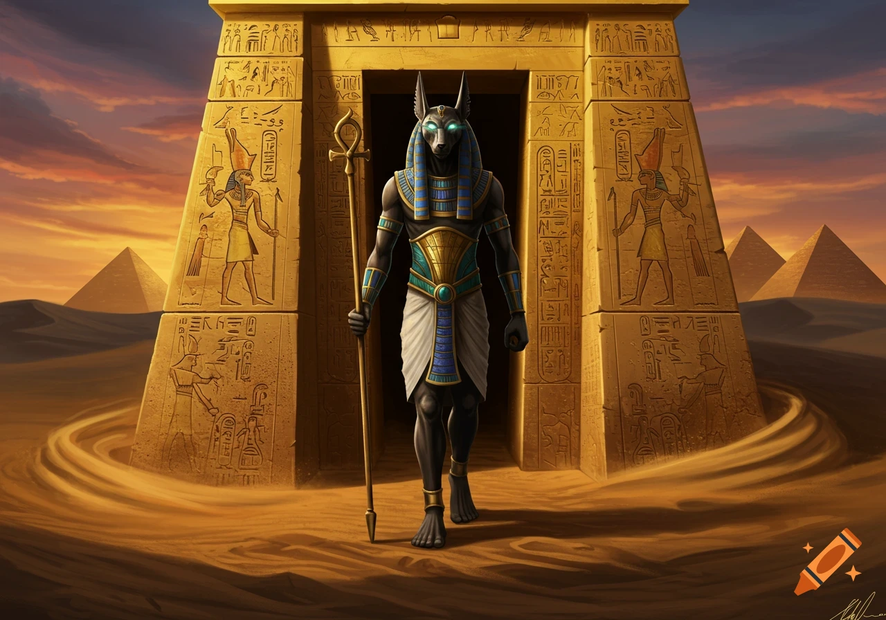 Anubis, the Egyptian god with a jackal head, stands in blue and gold armor, holding a staff in front of an ancient temple adorned with hieroglyphics under a desert sunset with pyramids in the background.