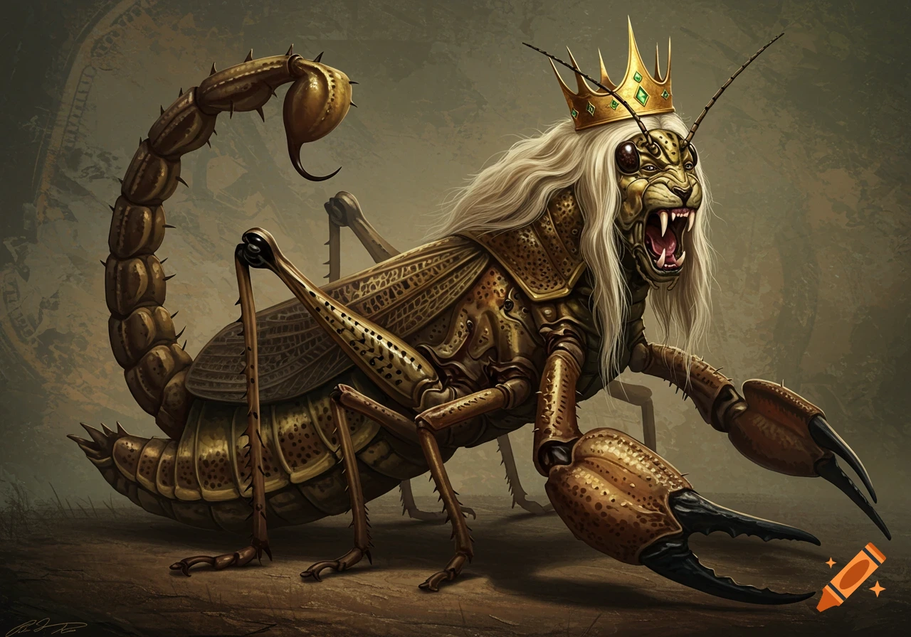 A terrifying hybrid creature with a locust body, scorpion tail, lion-like face with white hair, and a golden crown.