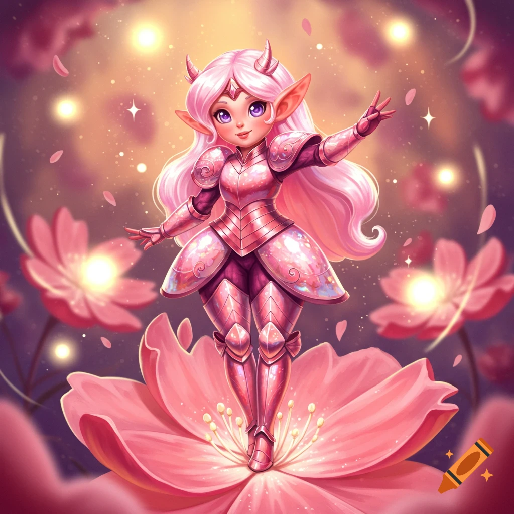 A cute pink-haired fantasy elf warrior in shimmering pink armor stands on a large pink flower, surrounded by glowing petals and stars.