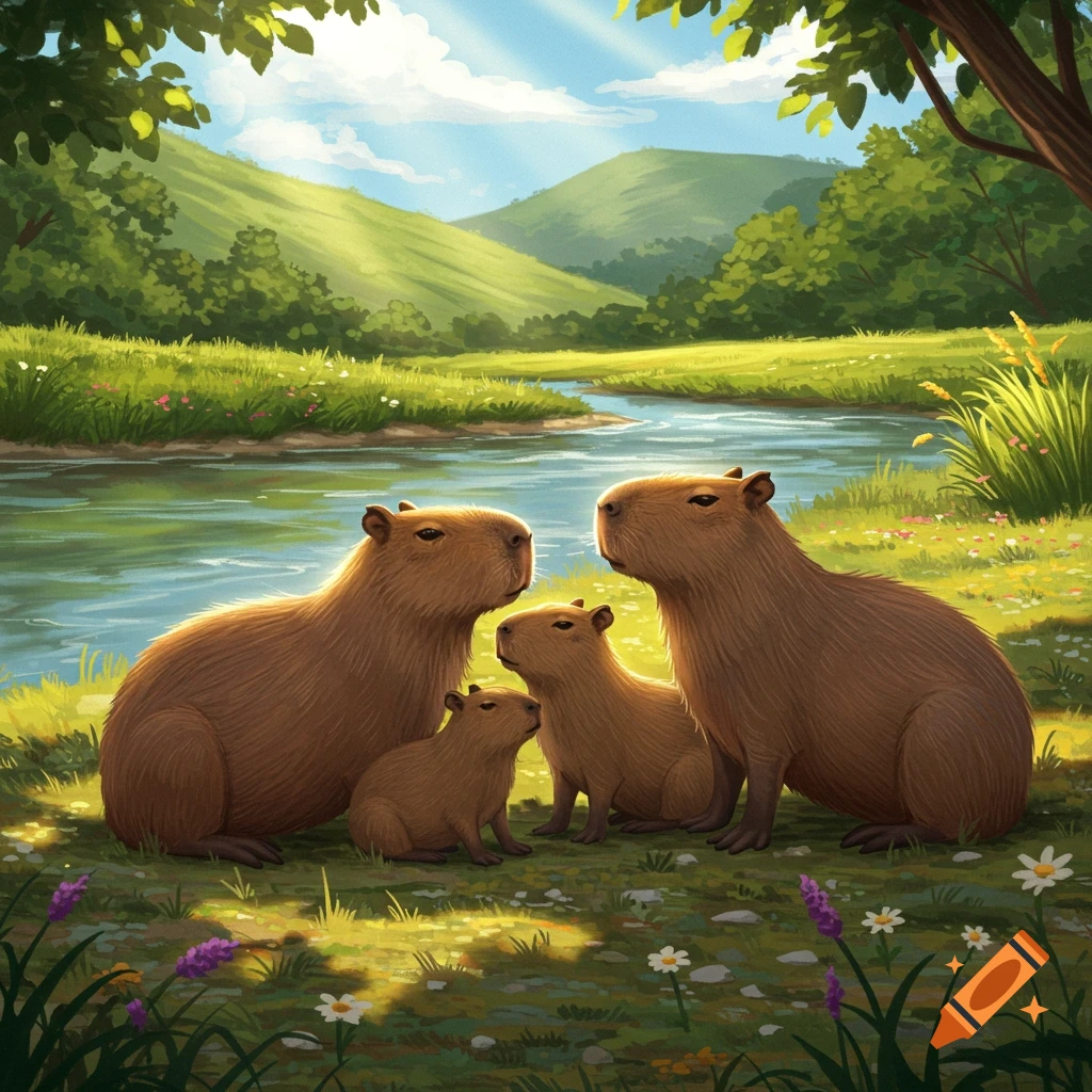 An illustration of a capybara family (two adults, two young) sitting by a river in a sunny, green landscape.