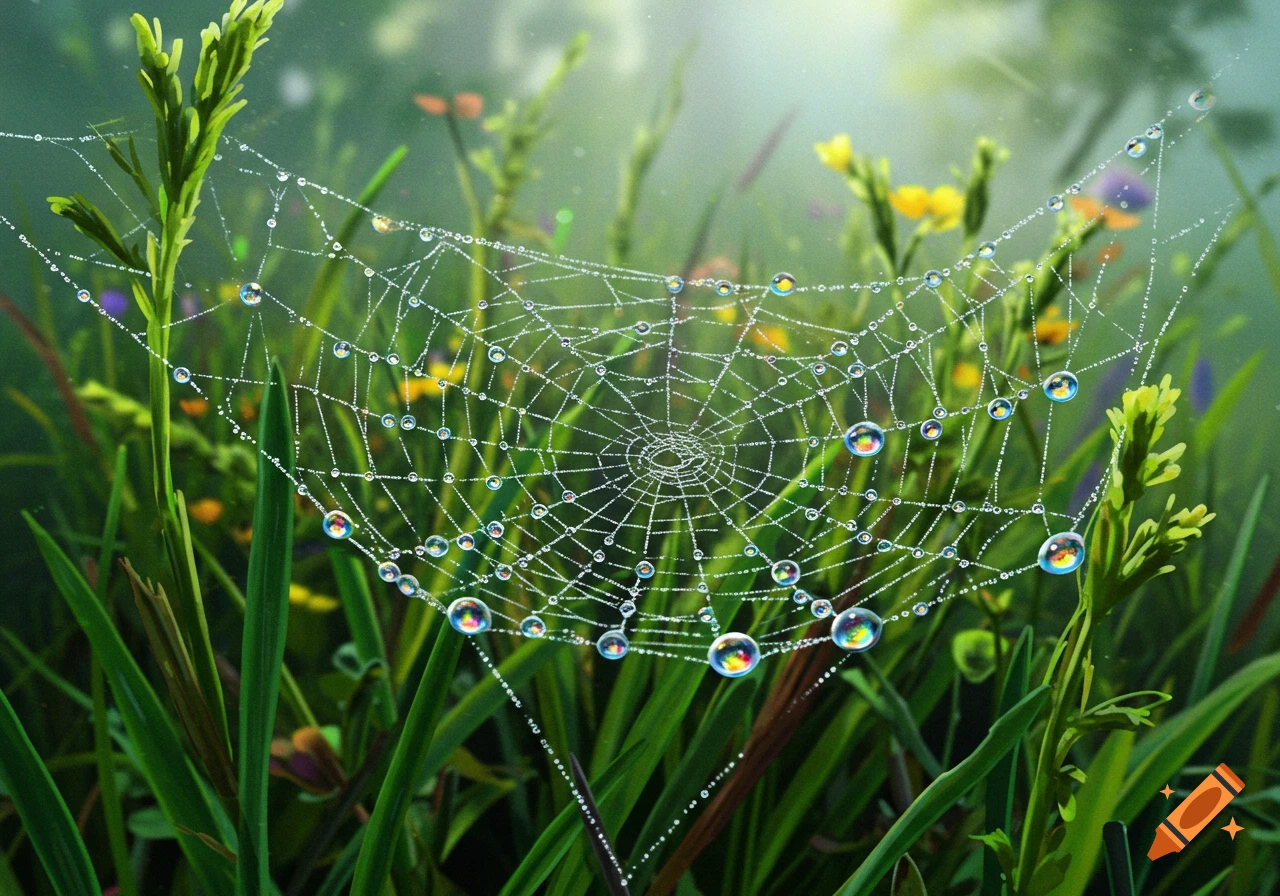 A close-up of a spiderweb covered in dew drops reflecting rainbow colors, set against a blurred green field.