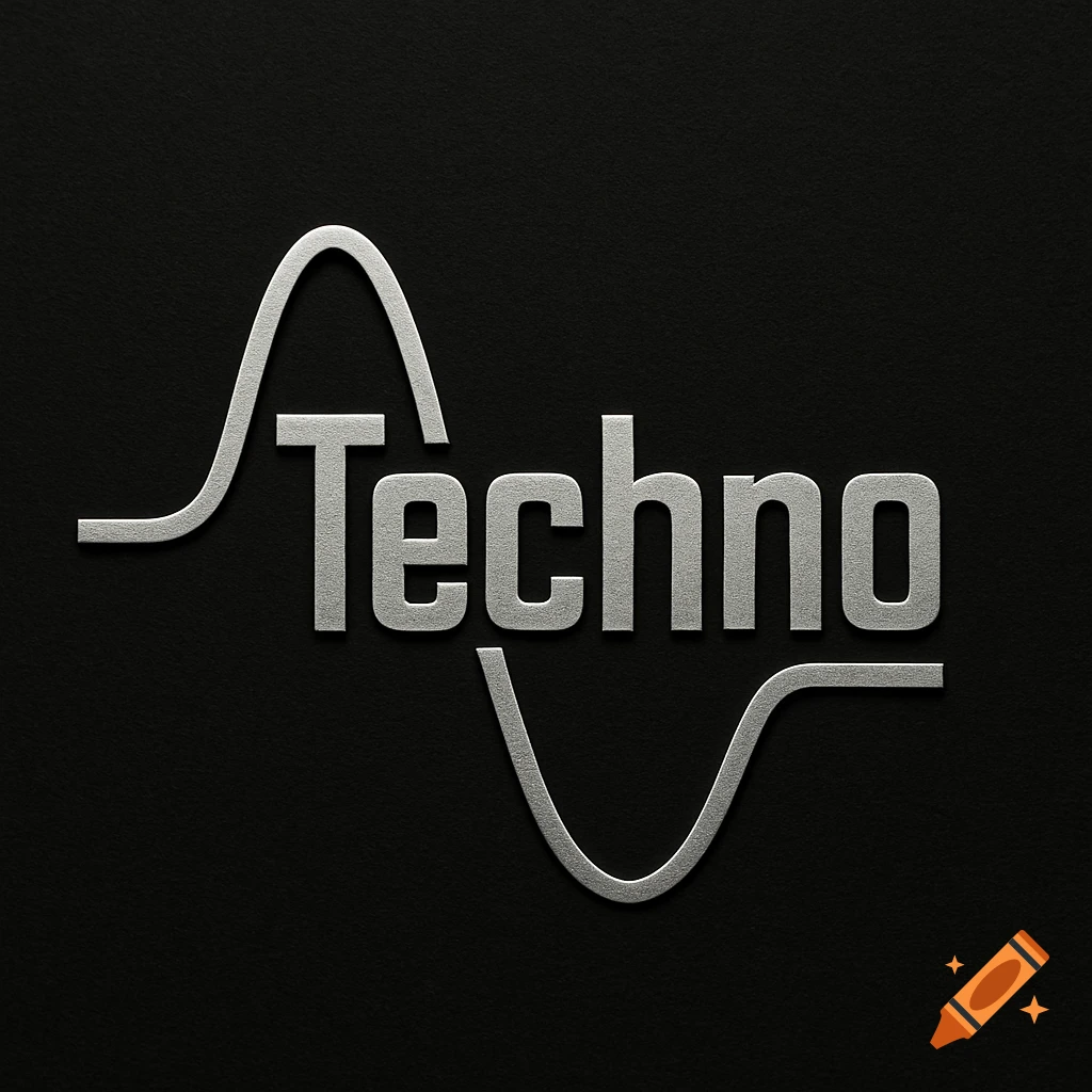 Silver metallic text 'Techno' with a stylized sine wave on a dark textured background.
