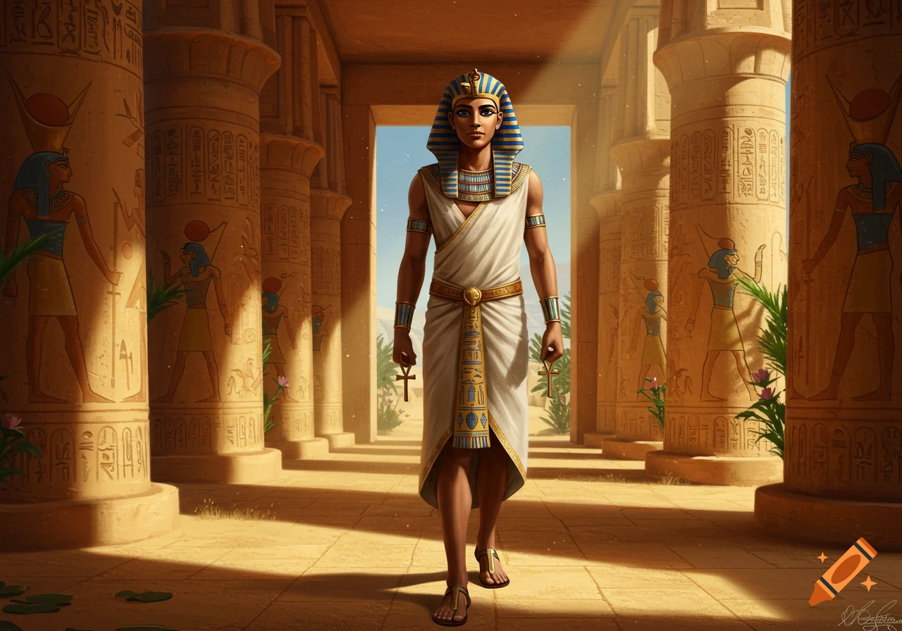 An ancient Egyptian prince in a white kilt and blue and gold nemes, holding an ankh in each hand, walks through a sunlit temple with hieroglyph-covered pillars.
