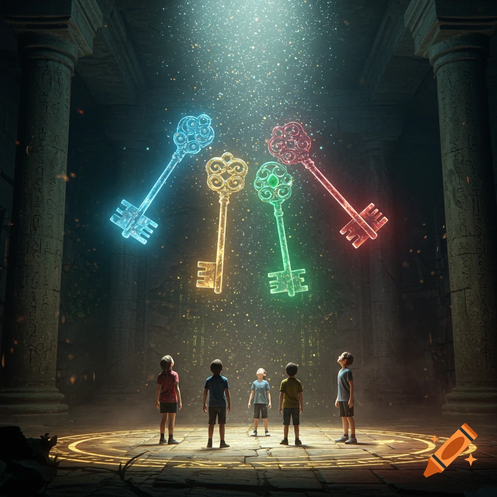 Children in an ancient chamber look up at four glowing, ornate keys floating in a magical light beam.