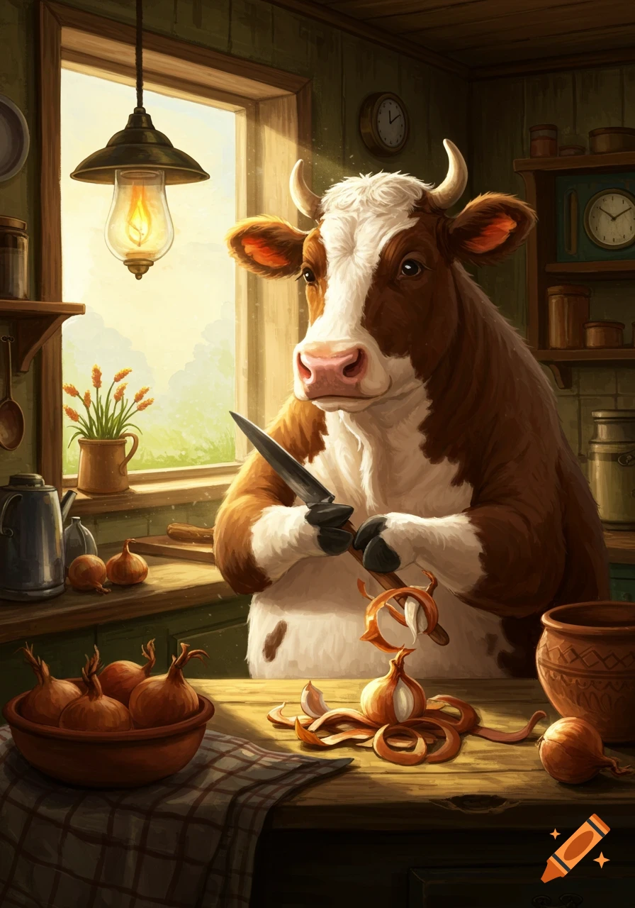 A brown and white cow in a rustic kitchen peels an onion with a knife, surrounded by bowls of onions and cooking utensils. Illustrated style.