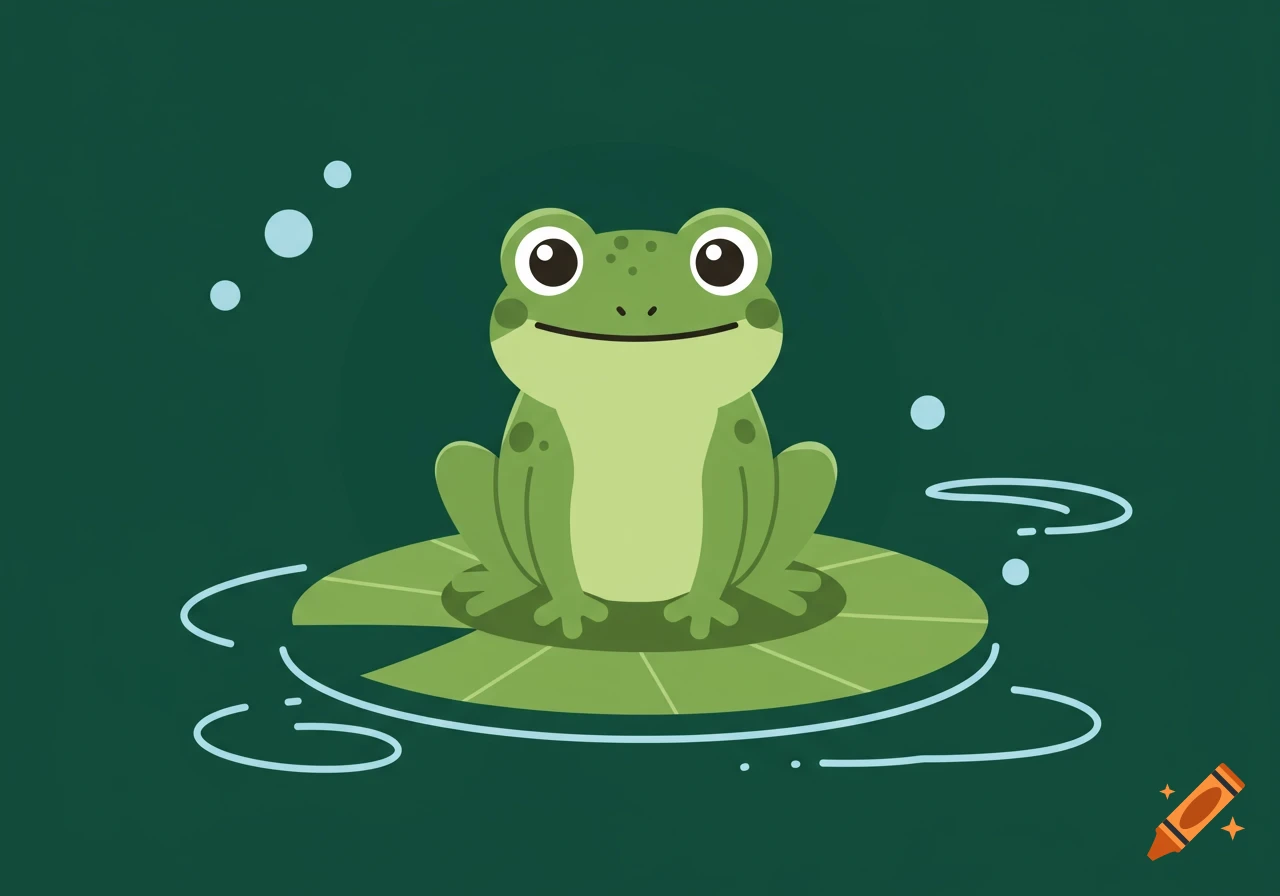 A cute green cartoon frog sits on a lily pad in dark green water with light blue bubbles and ripples.