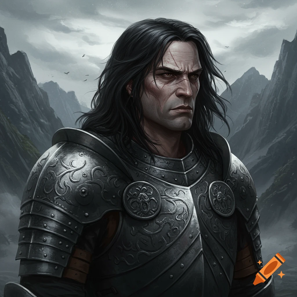 A serious man with long black hair and a scarred face wears ornate dark armor, set against a backdrop of cloudy mountains.
