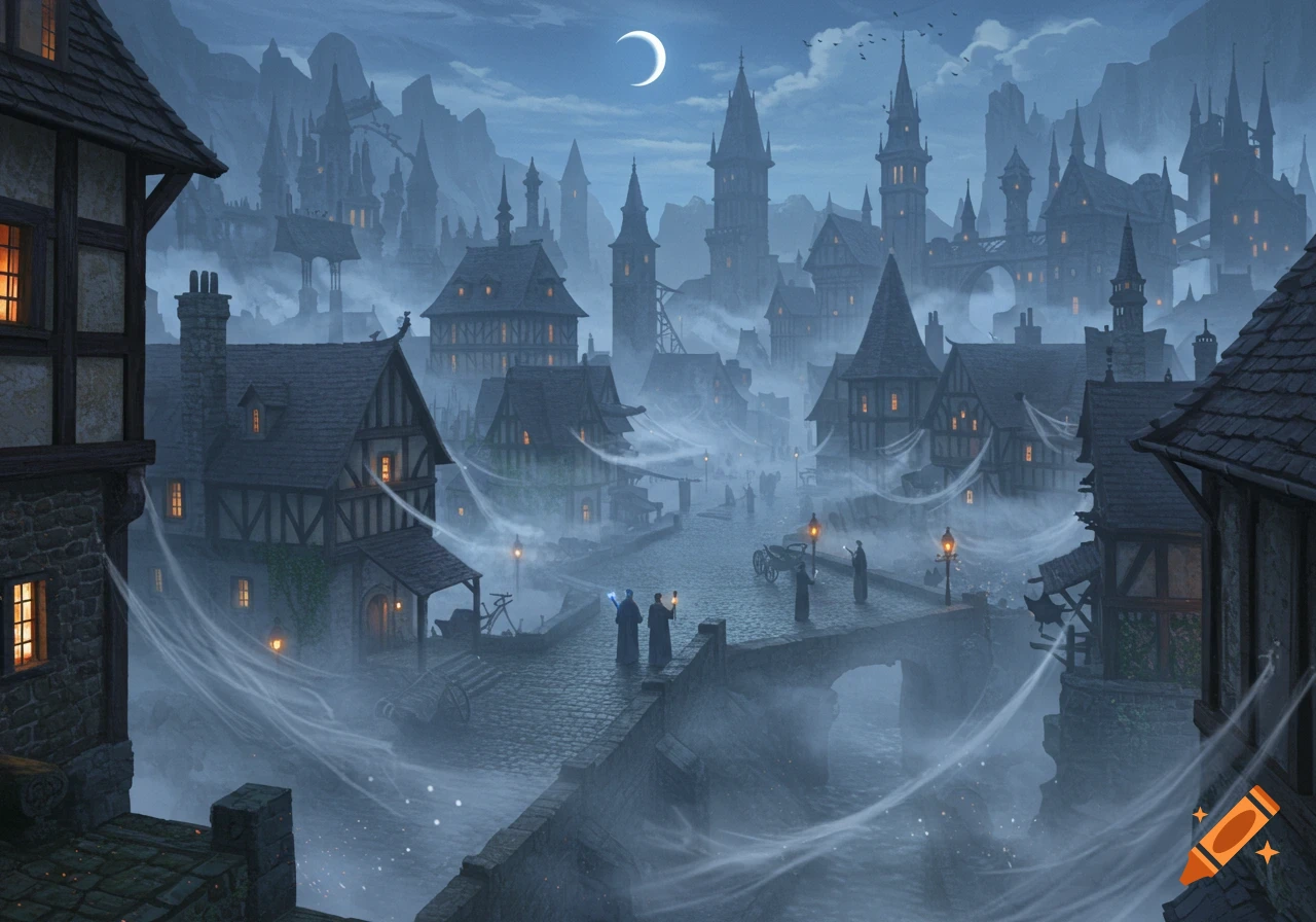 Moonlit medieval fantasy city with spires, fog, and illuminated windows. Figures on a cobblestone bridge.