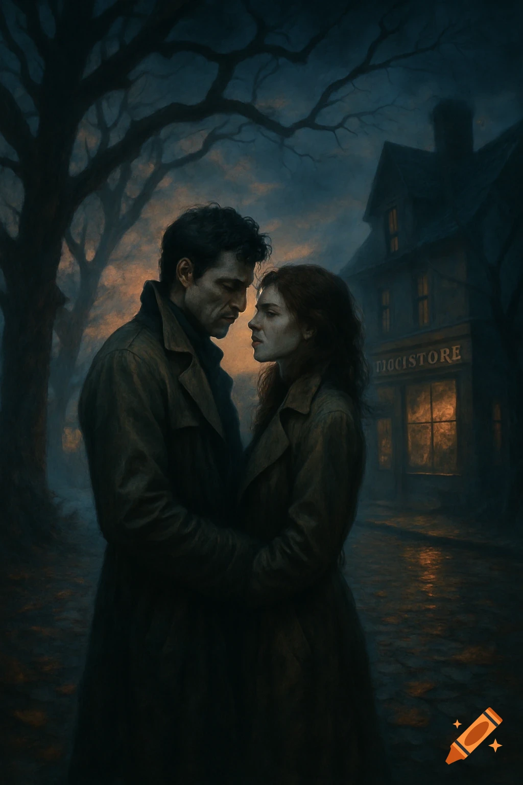 A man and woman in trench coats gaze intently on a dark, moody street with bare trees and an old building, painterly style.