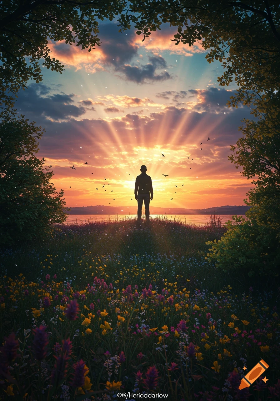 Silhouette of a person standing in a colorful wildflower field overlooking a lake at sunset, with sun rays beaming through the clouds.