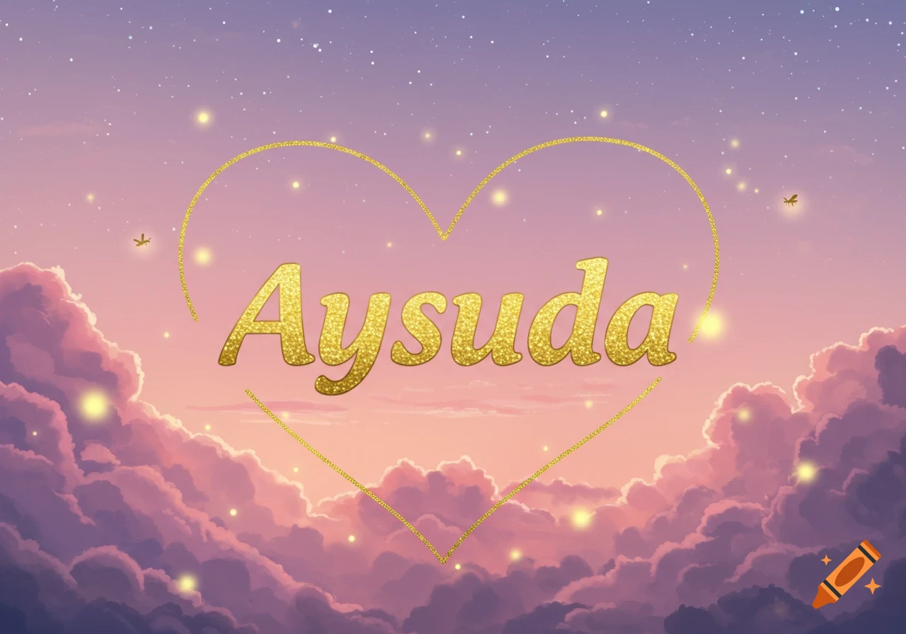 The glittery gold name 'Aysuda' in a heart shape against a dreamy pink and purple sky with clouds, stars, and fireflies.
