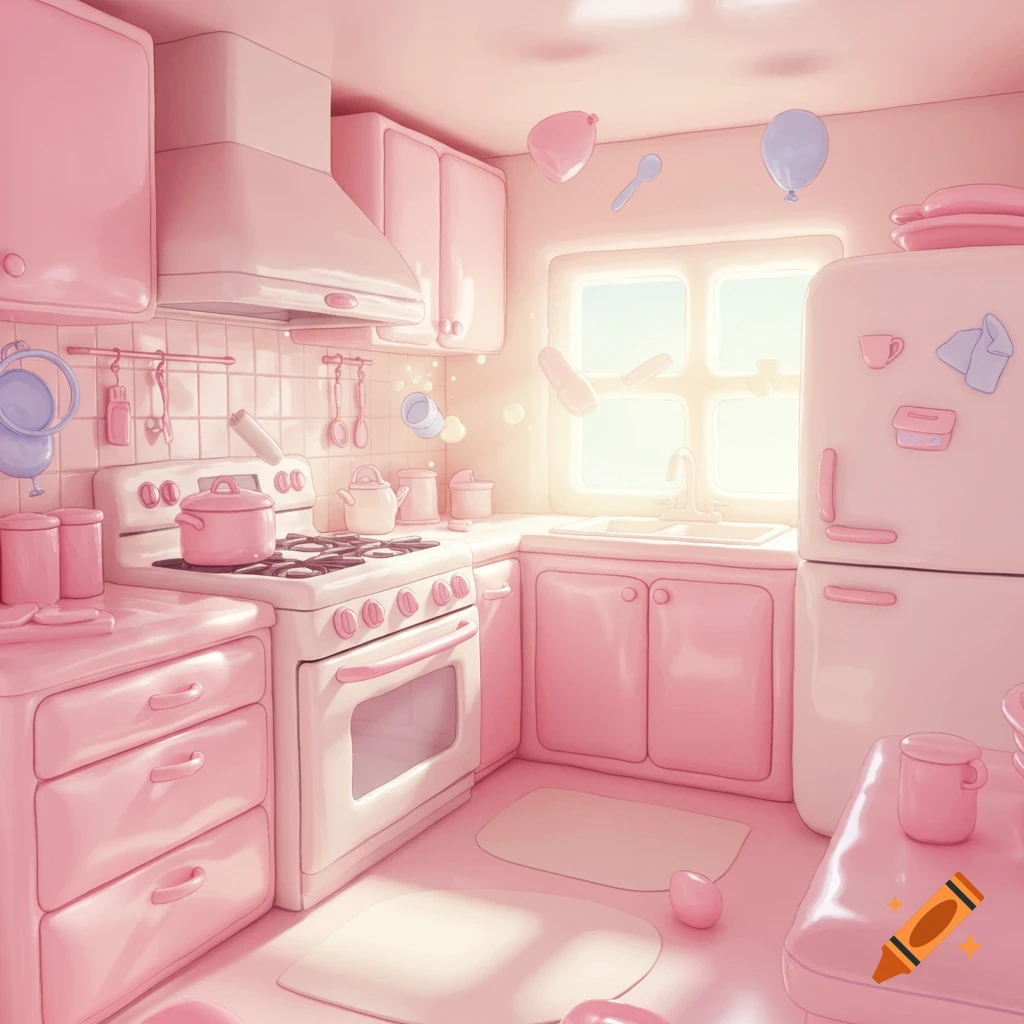 A whimsical all-pink inflatable kitchen with floating items, brightly lit by a window.