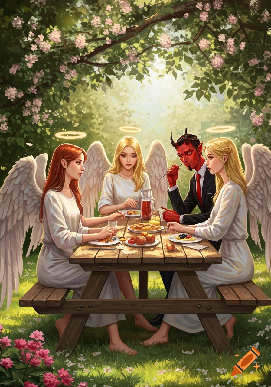 Three angels and a red-skinned devil in a suit sit at a picnic table, eating in a lush garden under a blossoming tree.