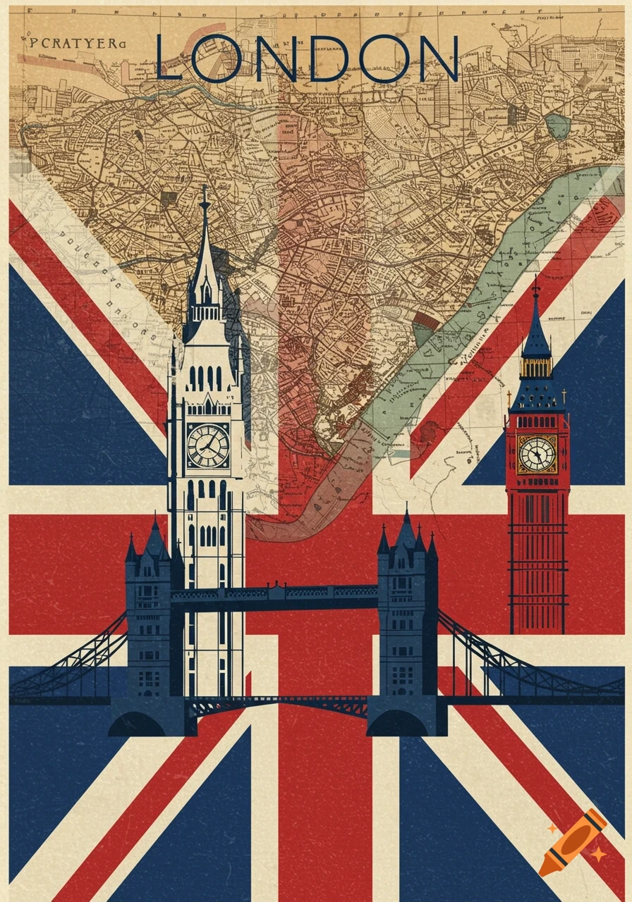Layered vintage-style London travel poster with Big Ben and Tower Bridge over a Union Jack flag and a city map background.