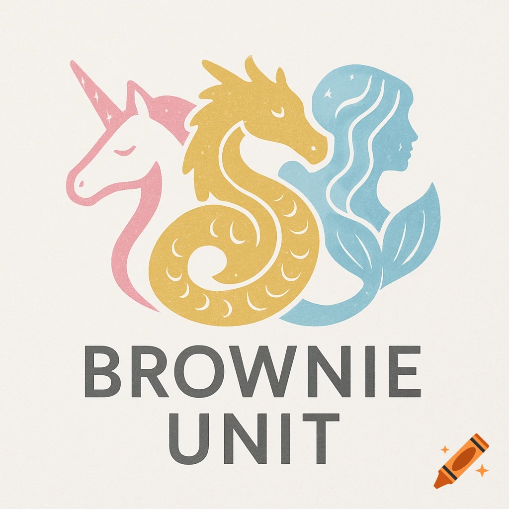 Stylized logo featuring intertwined pink unicorn, yellow dragon, and blue mermaid above the text 'BROWNIE UNIT' on a light background.