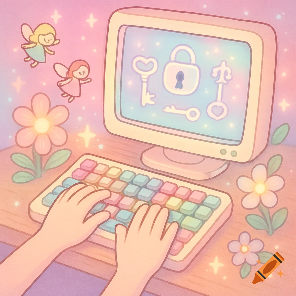 Cartoon pastel desktop scene with hands typing on a colorful keyboard, an old monitor shows locks and keys, surrounded by flying fairies, flowers, and sparkles.