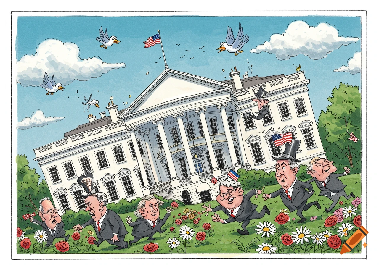 Cartoonish White House tilting, with caricature politicians falling into a flower garden.