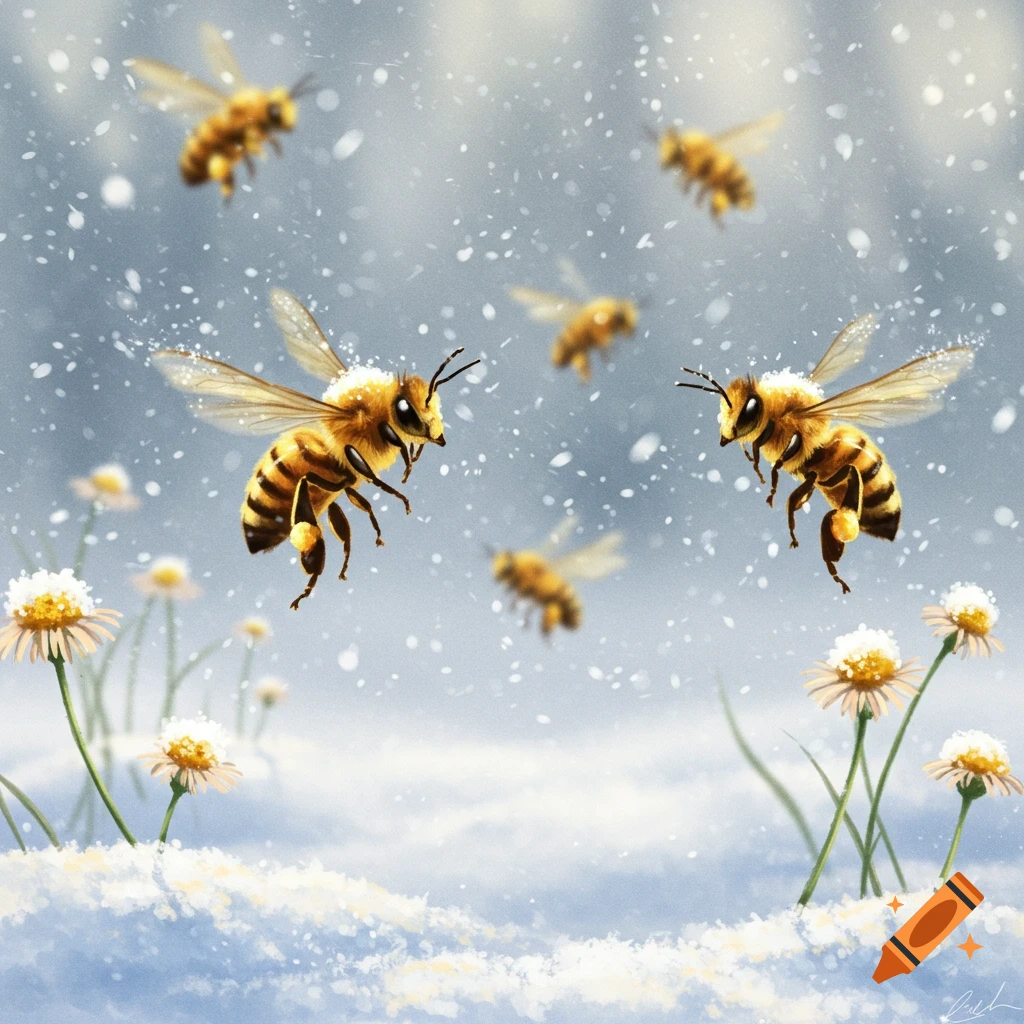 Digital illustration of honeybees flying amidst falling snow and snow-covered daisies.