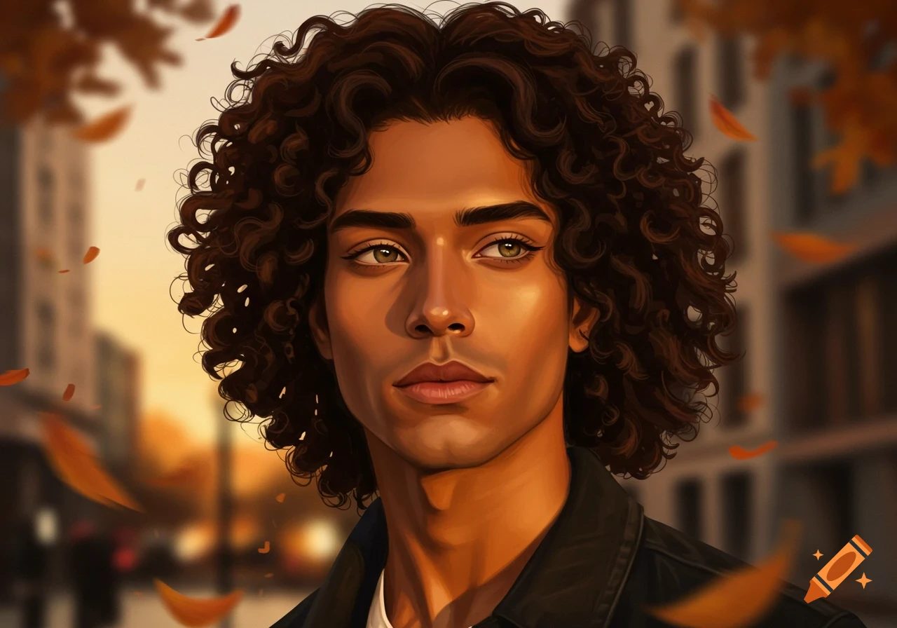 Digital art portrait of a handsome young man with dark curly hair, hazel eyes, and tan skin, surrounded by falling autumn leaves in a city.