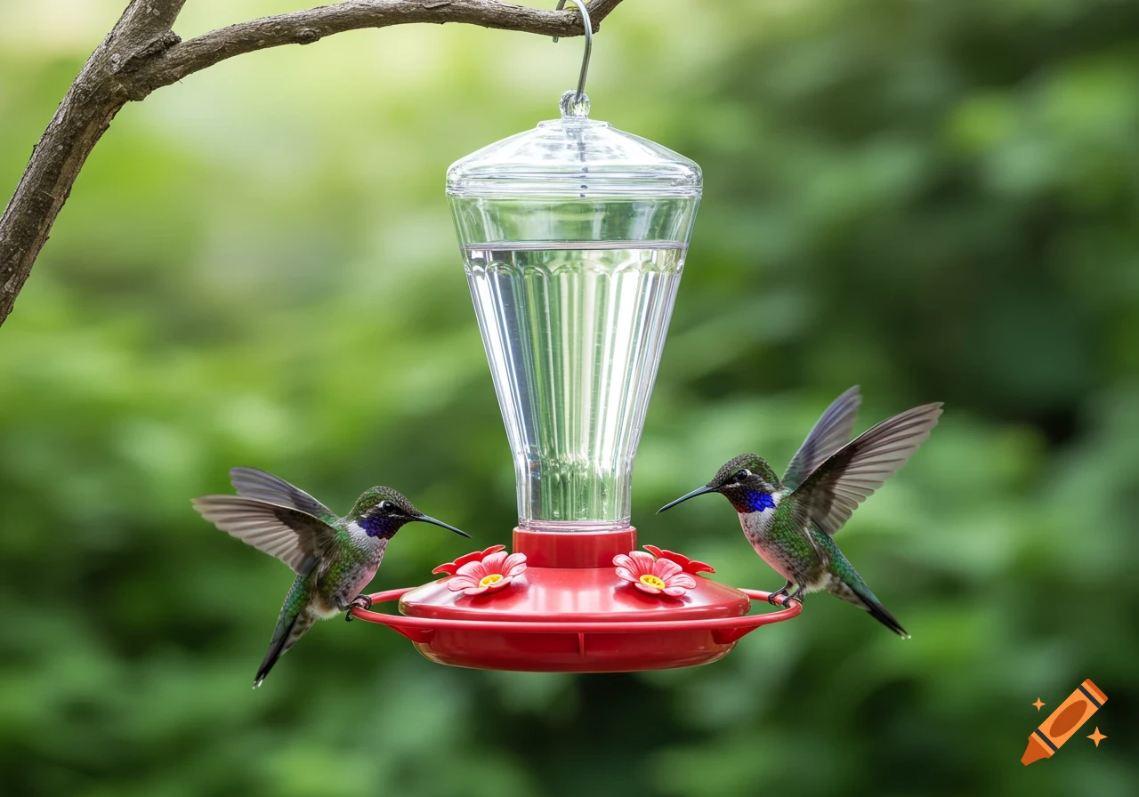 Two hummingbirds with colorful throats hover and perch at a red and clear glass feeder against a soft green background.