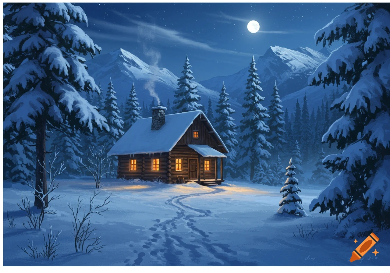 Cozy log cabin in a snowy winter forest at night under a full moon, warm lights glow from windows. Illustrated.
