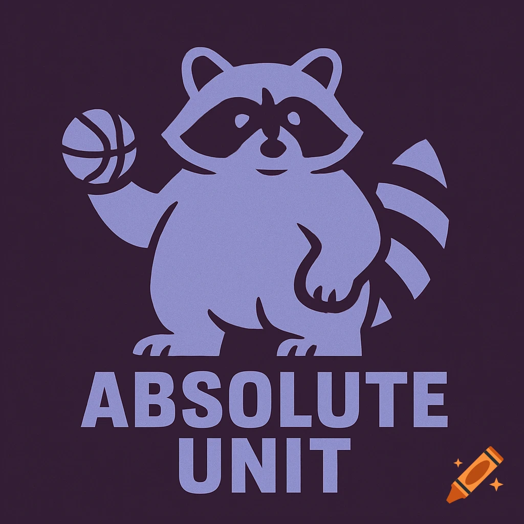 A minimalist logo of a chunky, purple raccoon holding a tiny basketball, with the text "ABSOLUTE UNIT" below it on a deep plum background.