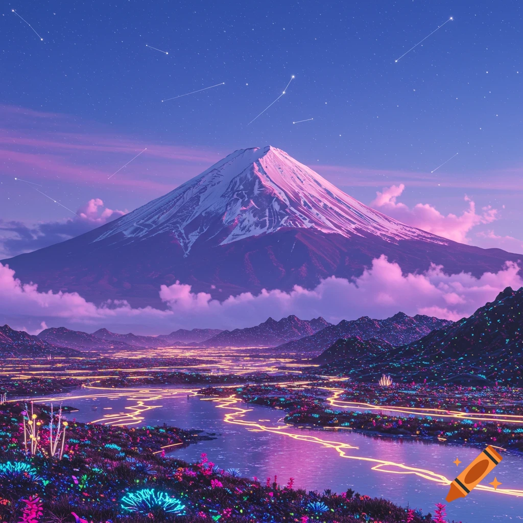 A vibrant, dreamlike landscape at night with a snow-capped mountain under a purple starry sky, a glowing river, and neon plants.