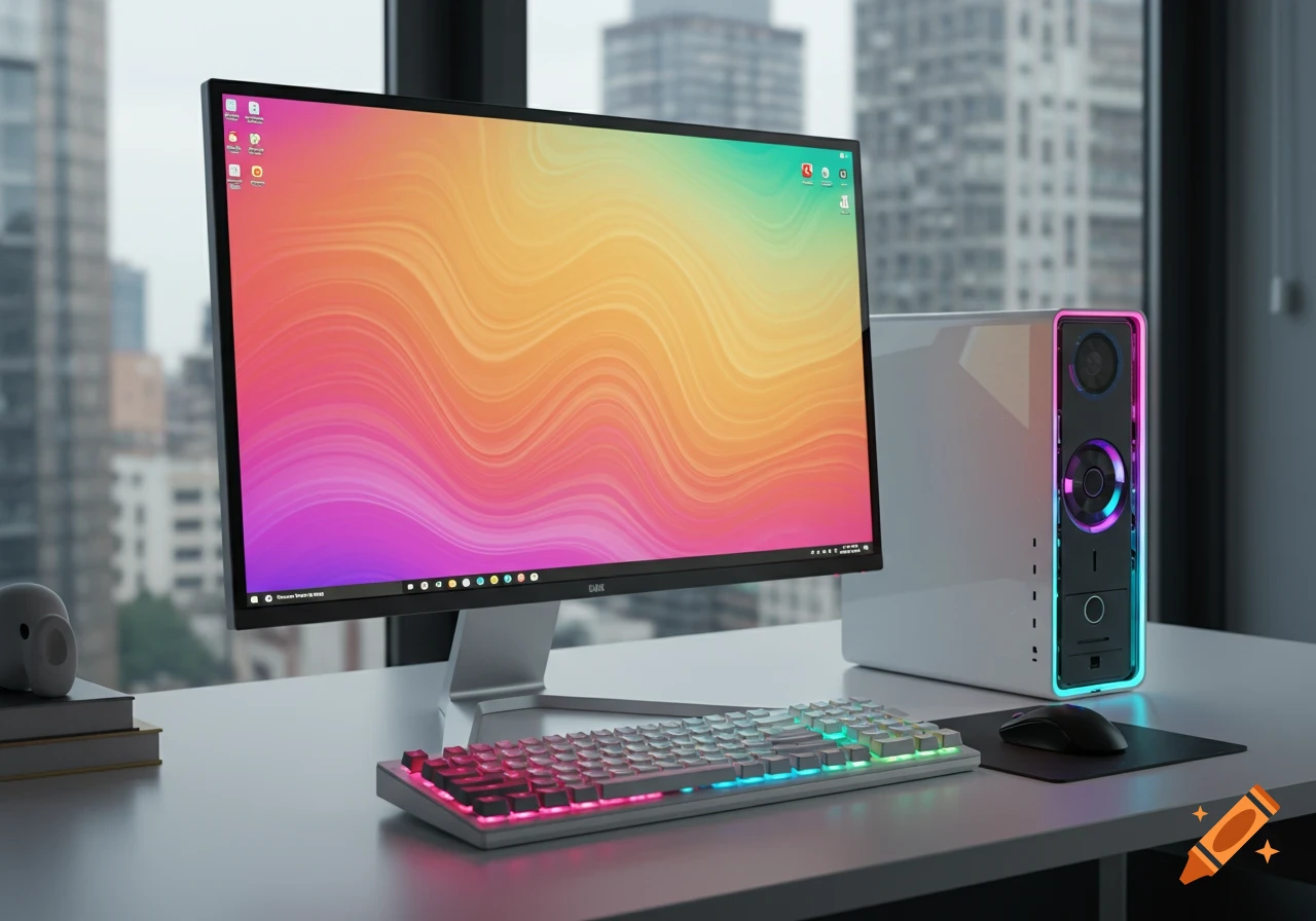 A modern computer setup with a large monitor displaying a colorful abstract background, an RGB keyboard, and a white PC tower.