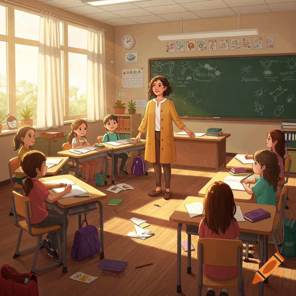 A female teacher stands at the front of a brightly lit classroom, looking at her diverse group of young students sitting at desks.