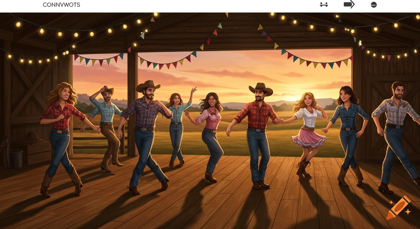 Cartoon illustration of eight people in cowboy hats and plaid shirts line dancing in a decorated barn at sunset.