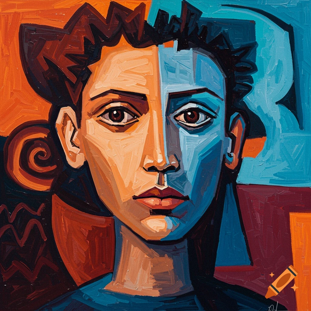 Abstract cubist portrait painting of a person, split with warm orange and cool blue tones.
