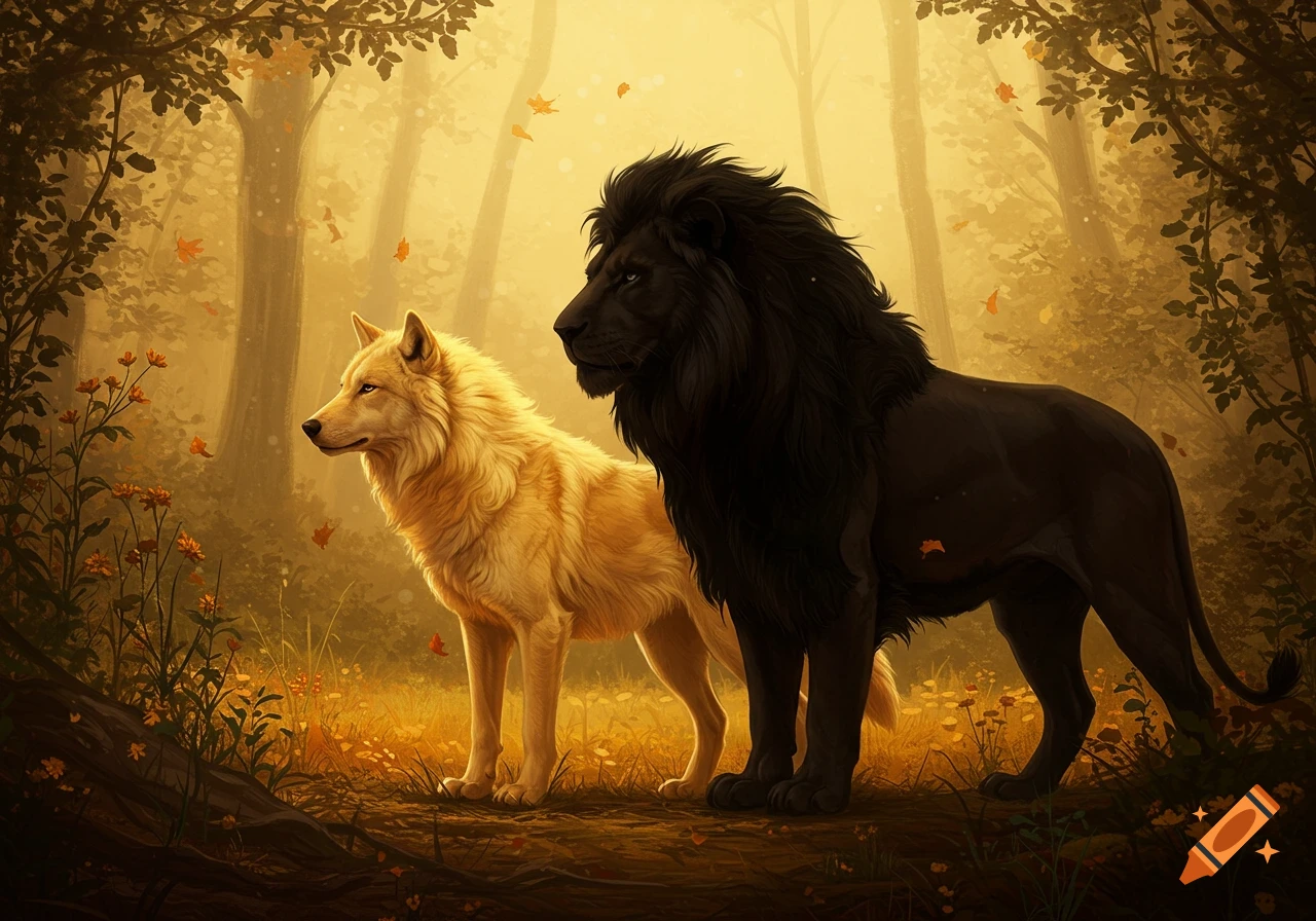 A golden wolf and a black lion stand in an autumnal, sun-drenched forest with falling leaves.