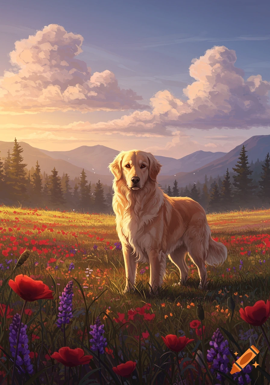 A golden retriever stands in a field of red and purple flowers at sunset, with mountains in the background, in a painterly style.