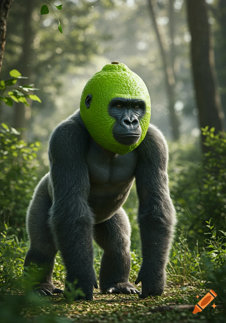 A photorealistic gorilla with a lime for a head stands in a lush, green forest.