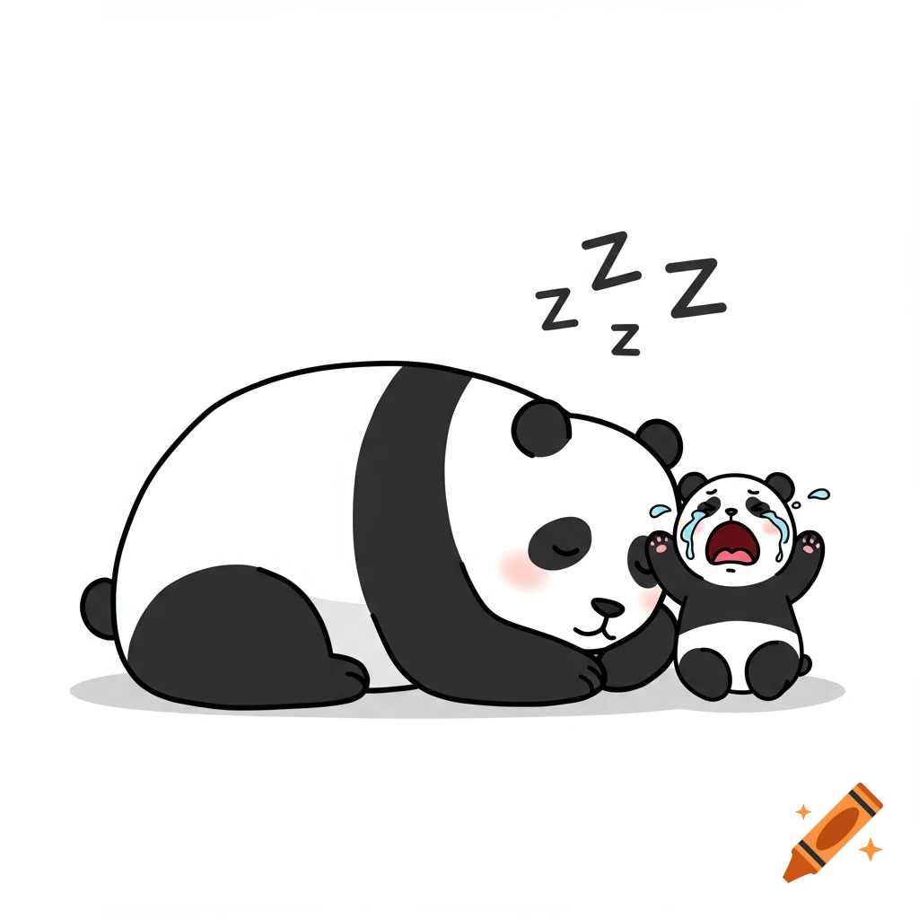 Cartoon mother panda sleeping next to her crying cub on a white background, in vector art style.