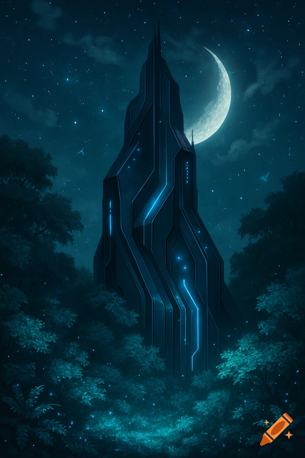 A dark, futuristic building with glowing blue lines in a mysterious forest at night under a crescent moon.