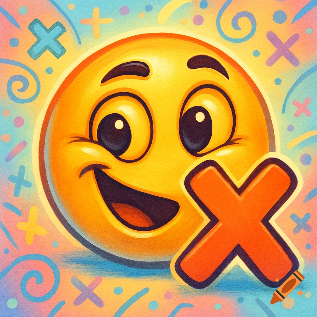 A smiling yellow emoji next to a large orange 'X' symbol on a colorful, abstract background.