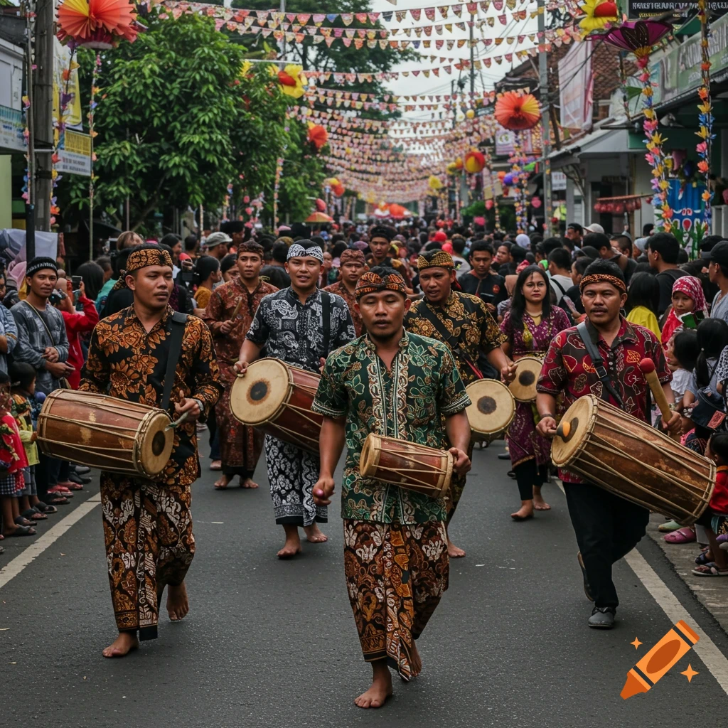 Photorealistic image of men in traditional batik clothing playing drums during a crowded street festival decorated with colorful garlands.