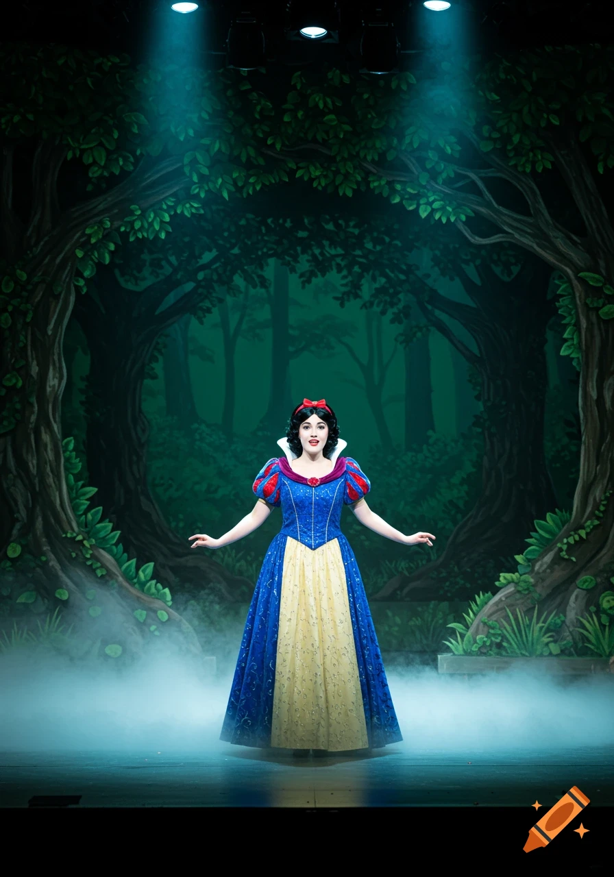 A woman dressed as Snow White stands on a stage with a forest backdrop, fog, and spotlights.