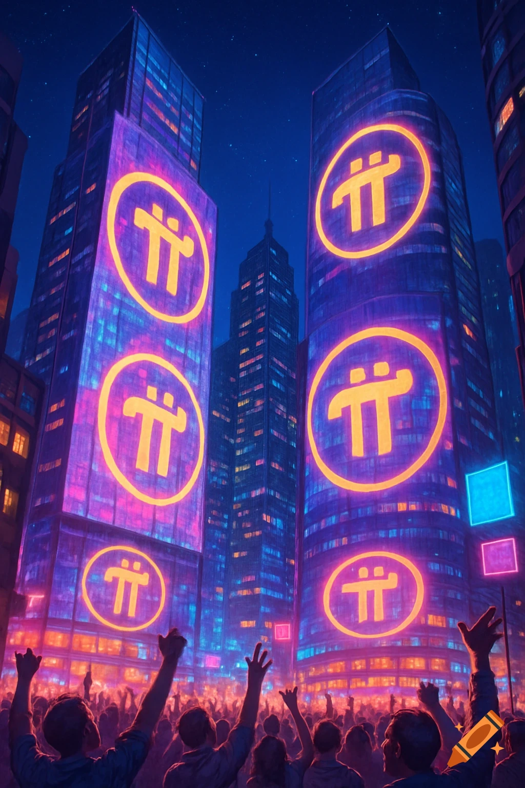 A crowd looks up at towering modern skyscrapers glowing with yellow Pi Network cryptocurrency logos against a dark night sky.
