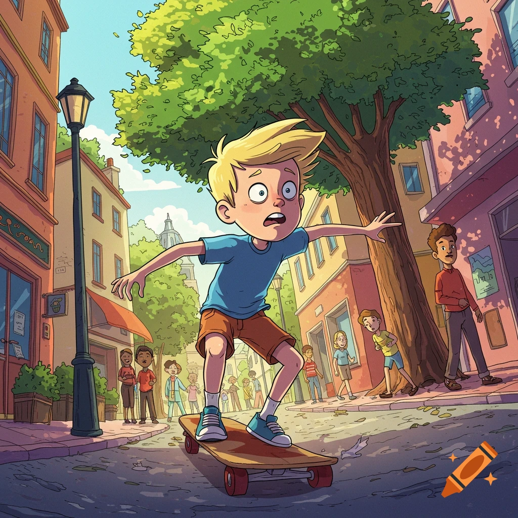 A cartoon young blond boy with a fearful expression wobbles on a skateboard down a bustling city street.