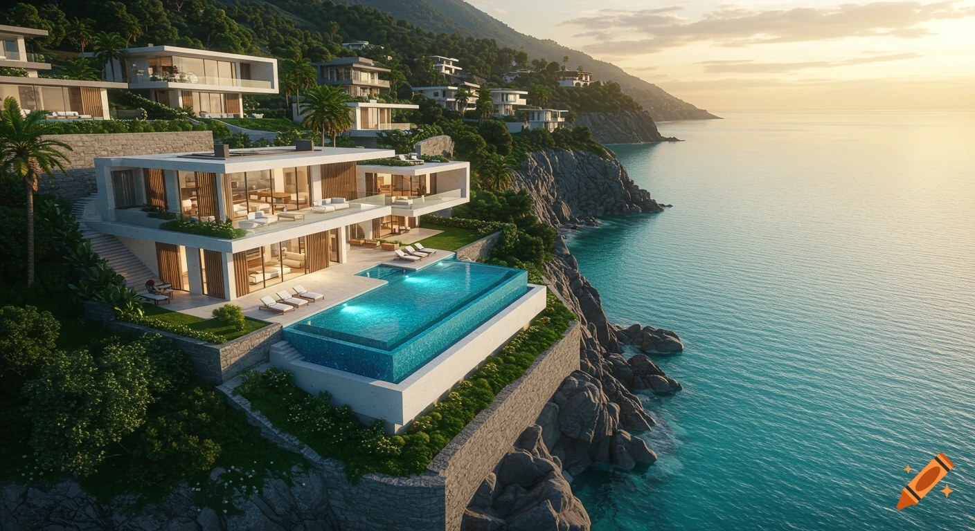 Photorealistic aerial view of luxury modern cliffside mansions with infinity pools overlooking a turquoise ocean at sunset.
