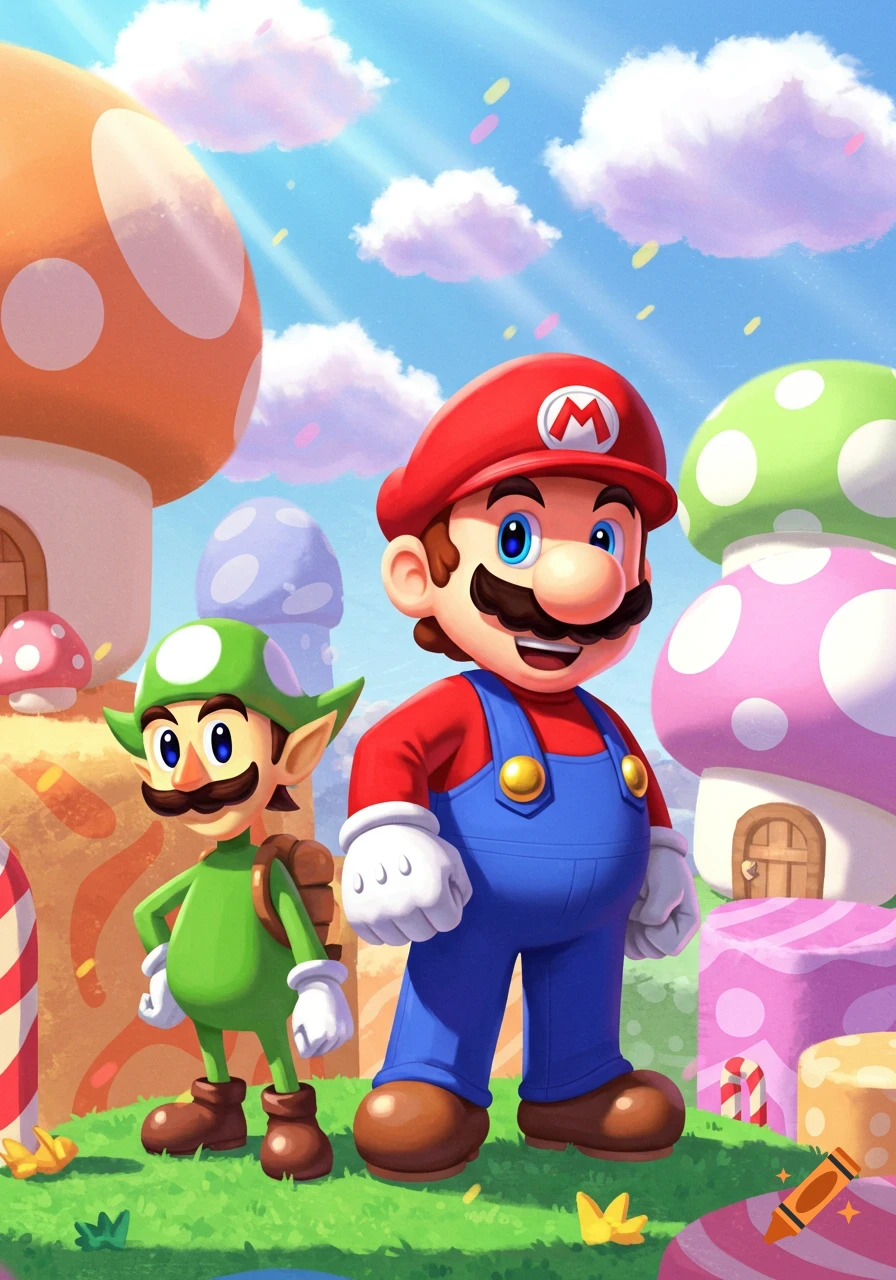 Mario and a green-clad character resembling Link stand in a colorful, whimsical mushroom kingdom under a blue sky.