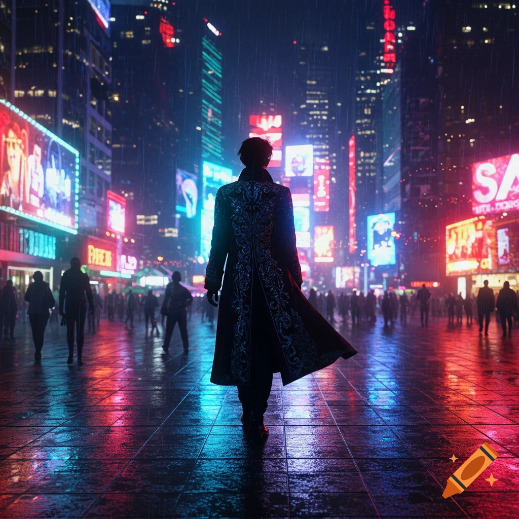 A lone figure in a long coat walks away from the viewer on a rainy city street at night, illuminated by the neon glow of surrounding buildings and billboards.