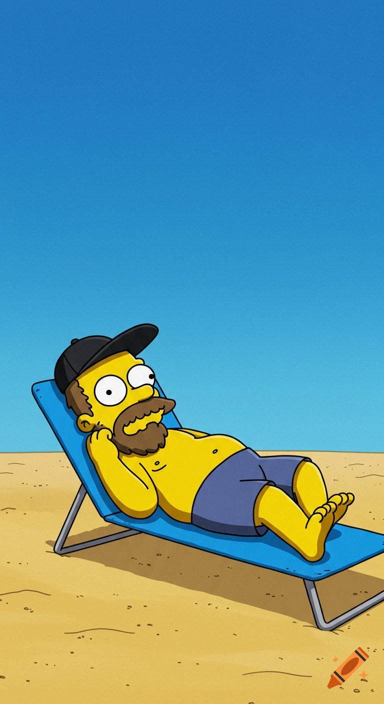 A bearded man in the style of The Simpsons, wearing a black cap and blue swim trunks, relaxing on a blue beach chair on a sandy beach under a clear blue sky.