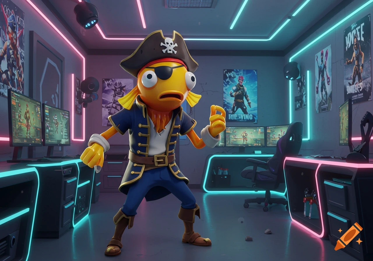 A cartoon Fortnite character, Fishstick, dressed as a pirate, stands in a neon-lit gaming room with multiple monitors showing game interfaces.
