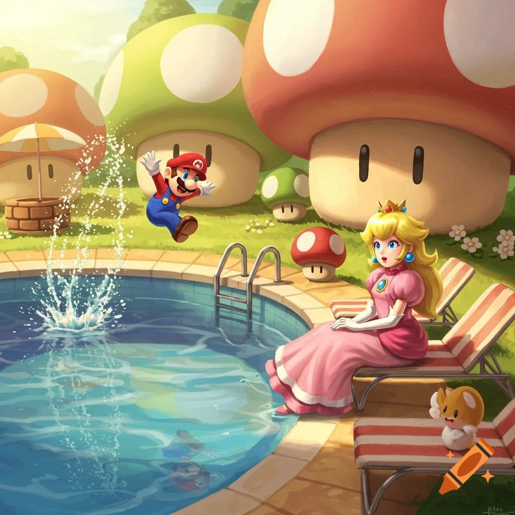 Princess Peach relaxes by a mushroom-shaped pool as Mario cannonballs, in a vibrant cartoon video game art style.