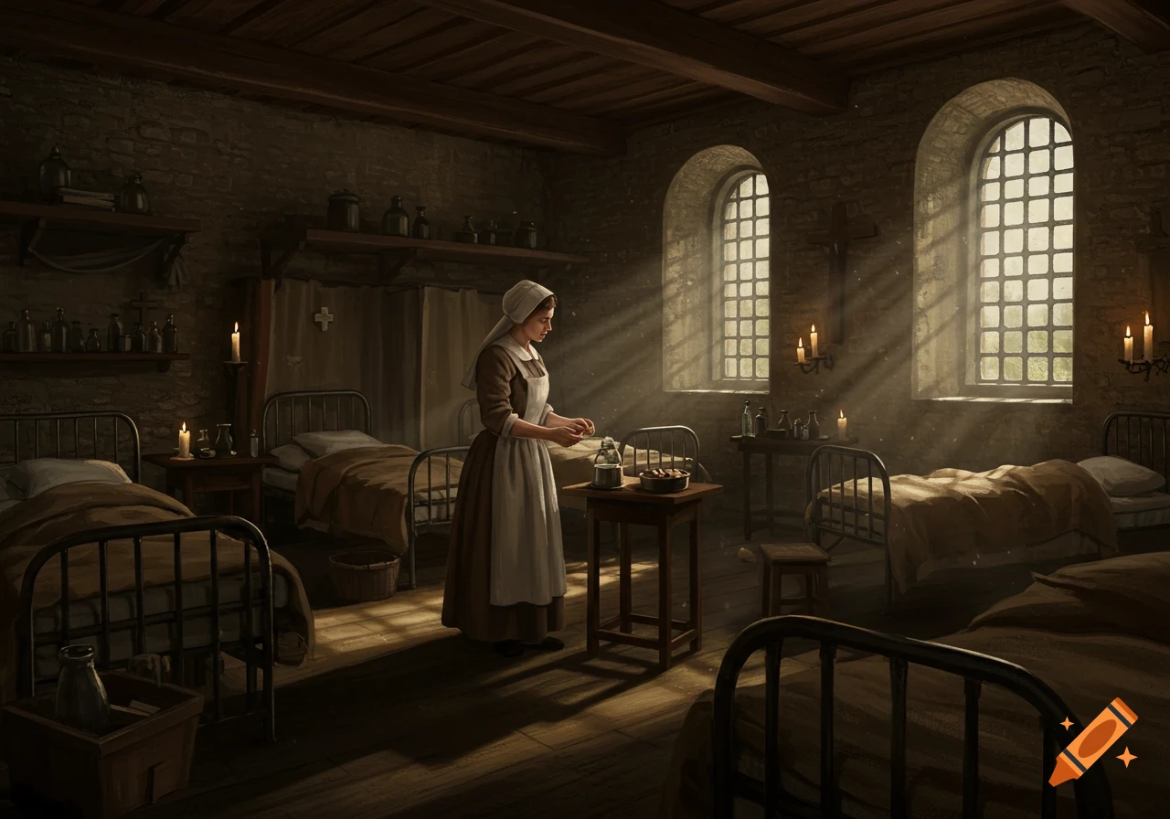 A nurse in a 17th-century uniform stands in a dimly lit hospital ward with multiple beds and sunlit arched windows.
