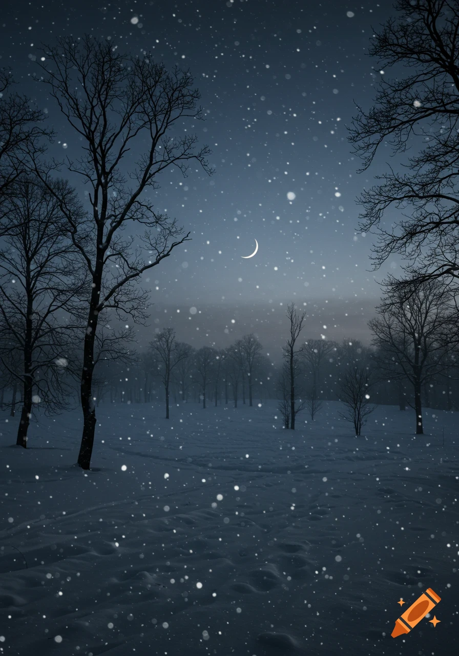 A dark winter forest scene at night with bare trees, a crescent moon, and falling snow.